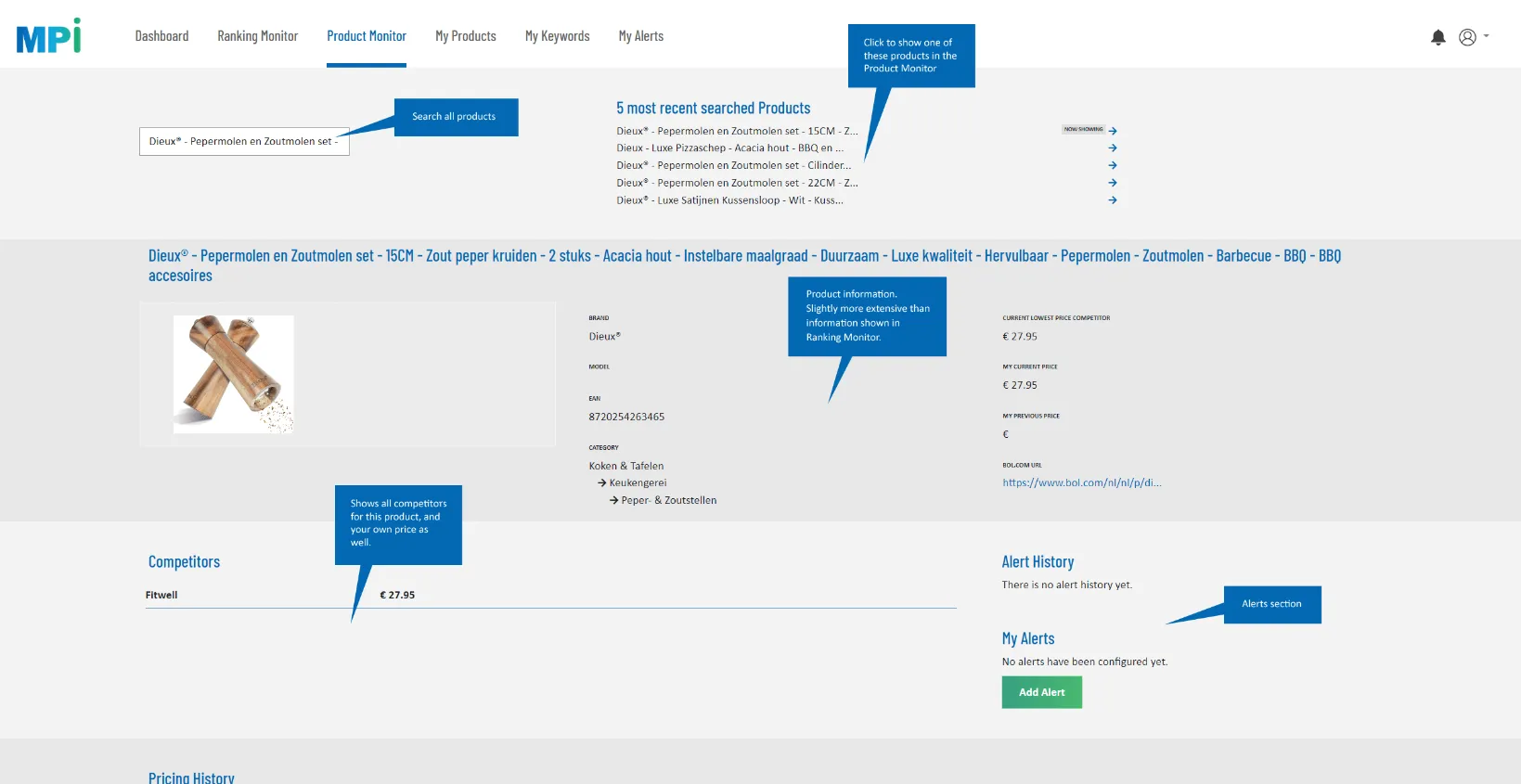 Marketplace intelligence dashboard met prijsmonitoring, concurrentieanalyse en productinformatie